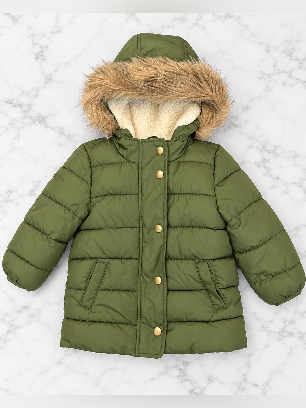 Old Navy Girls Olive Green Sherpa Lined Faux Fur Hooded Puffer Coat 2T